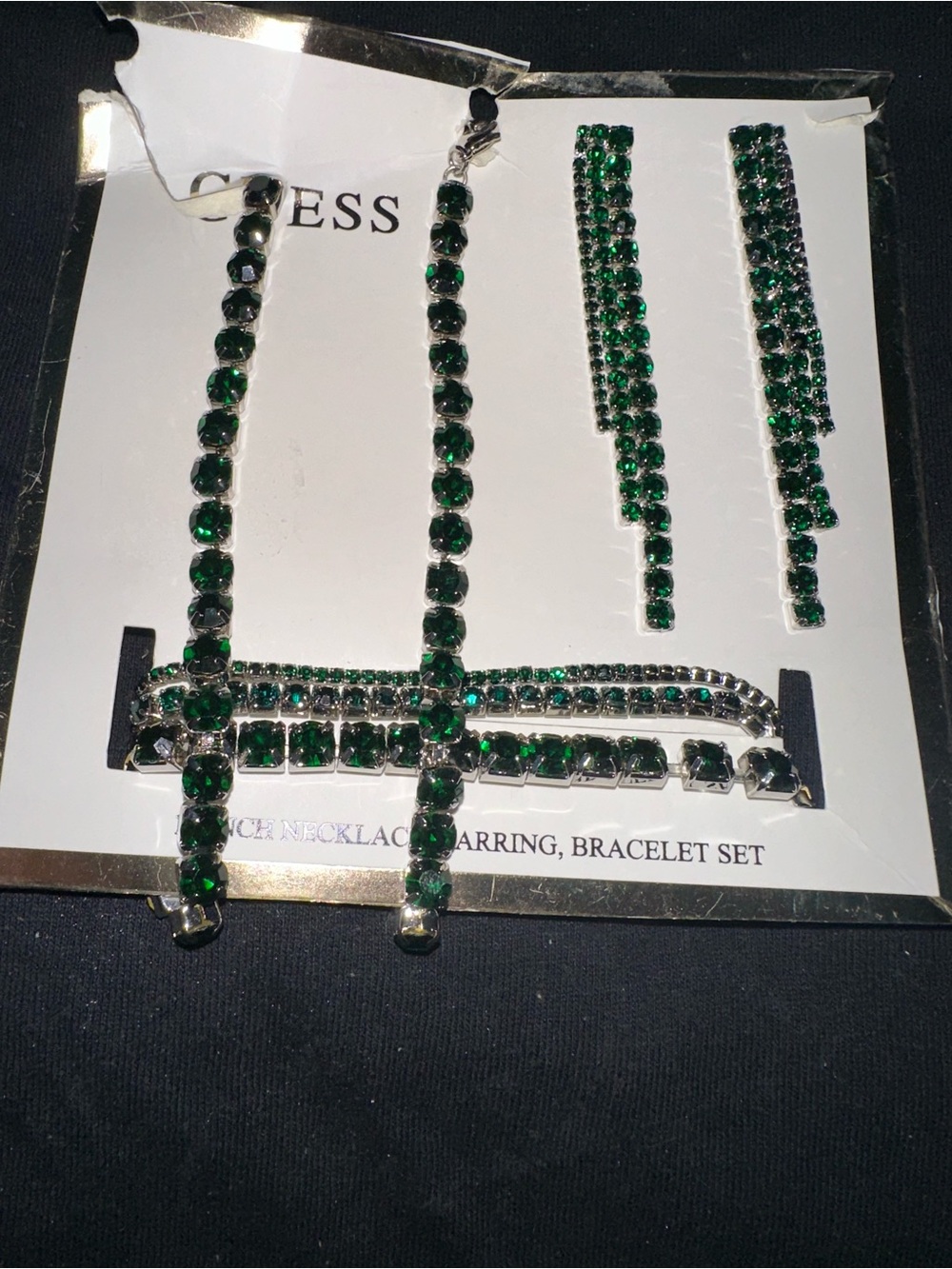 GUESS Green Crystal Bracelet, Necklace & Drop Earrings Set